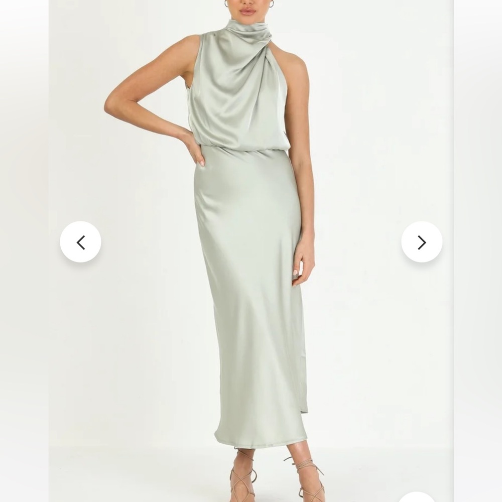 NWOT Green Silk Asymmetrica Neck midi gown